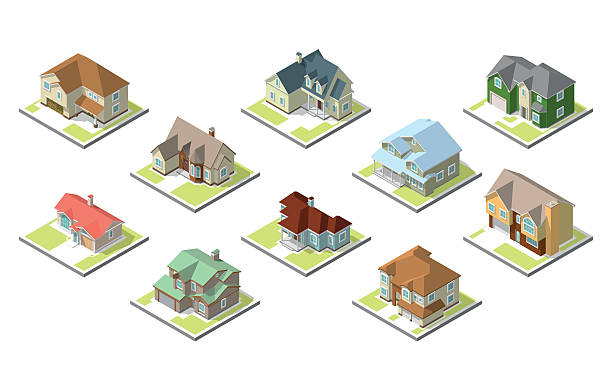 isometric image of a private house set isometric image of a private house set on white background tree 3d perspective stock illustrations