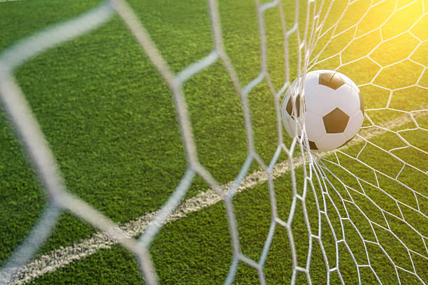 istock soccer ball in goal net with green grass 628926186