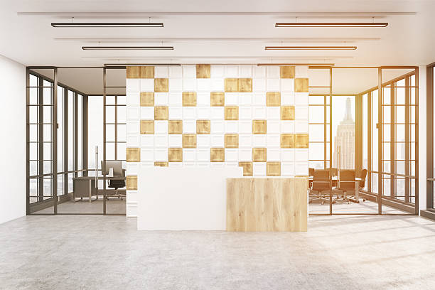 istock Office lobby with tiled white and wooden wall, toned 628926360