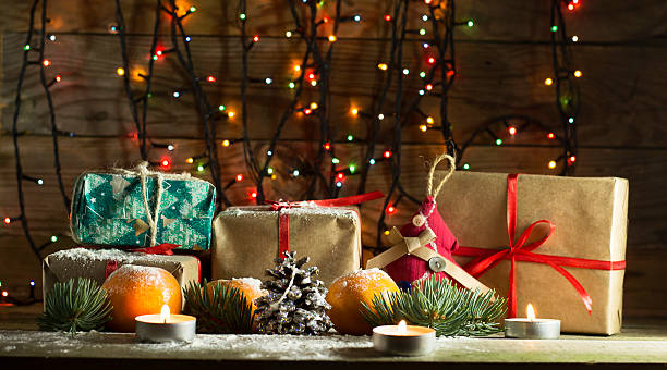 istock New year composition with tangerines and gifts 628931636