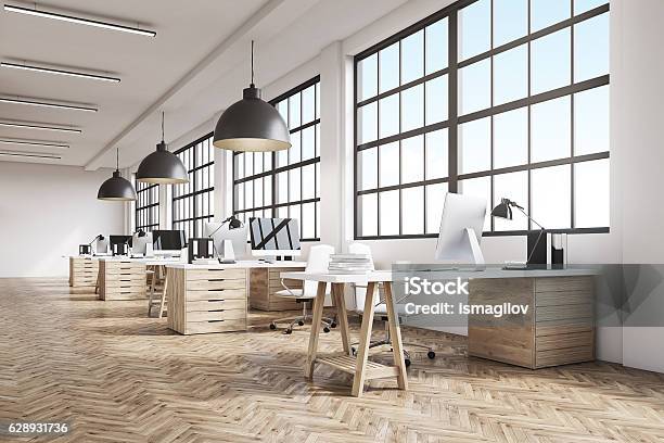 Long Office With Wooden Floor Stock Photo - Download Image Now - Office, Furniture, Flooring