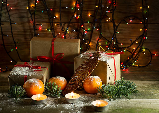 istock New year composition with tangerines and gifts 628931954