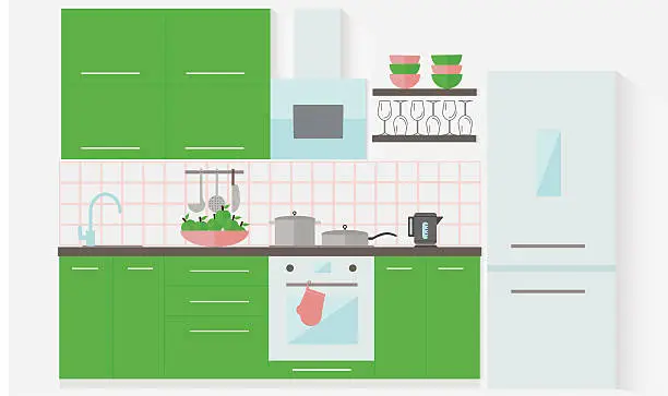 Vector illustration of Green kitchen interior with furniture.