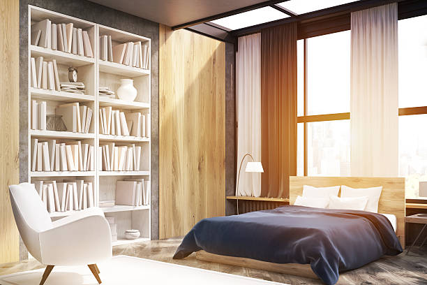 istock Corner of bedroom interior with bookcase, toned 628934038