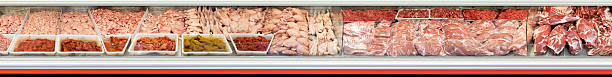 panoramic view of Raw meat at the butcher