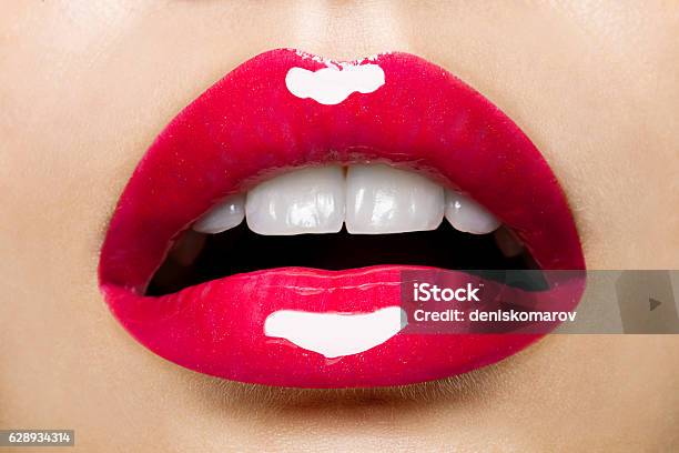 Beautiful Red Female Lips With Glitter Stock Photo - Download Image Now - Human Lips, Red, Fashion Model