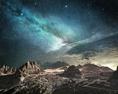milky way at dawn in a mountain landscape