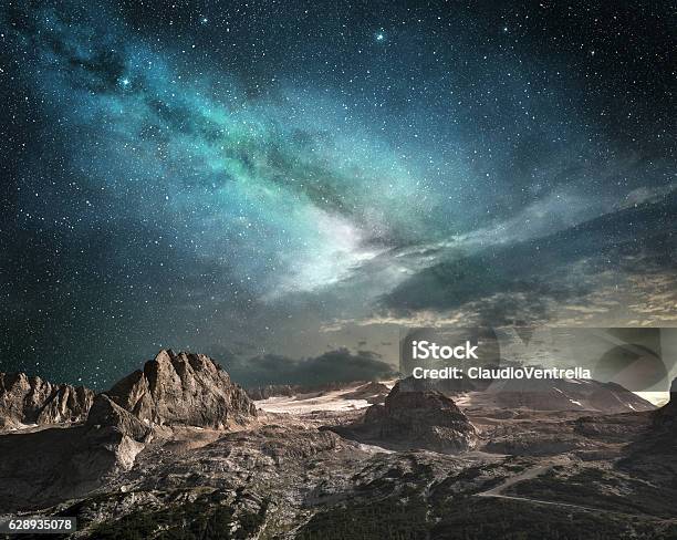 Milky Way At Dawn In A Mountain Landscape Stock Photo - Download Image Now - Landscape - Scenery, Fantasy, Rock - Object