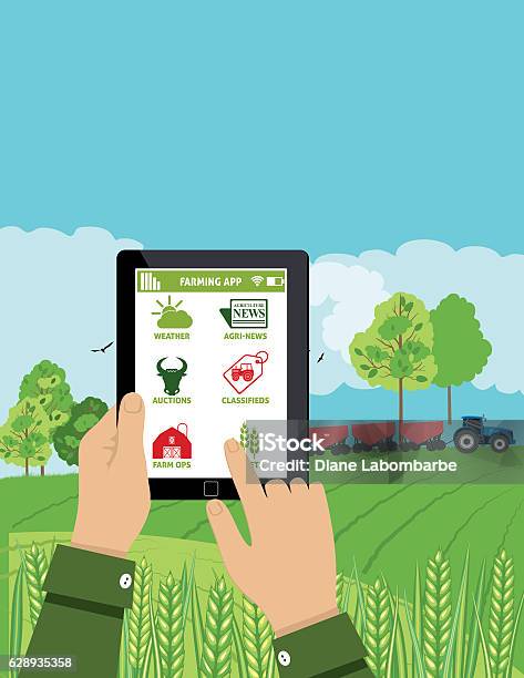 Farmers Holds A Tablet With An Agriculture Application On It Stock Illustration - Download Image Now