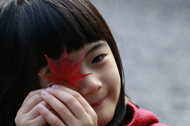 Free Stock Photo of Little Girl Holding Red Leaf in Front of Face ...