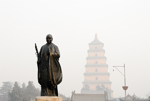 Giant Wild Goose Pagoda,tower for sutra,and the statue of Master Tripitaka \