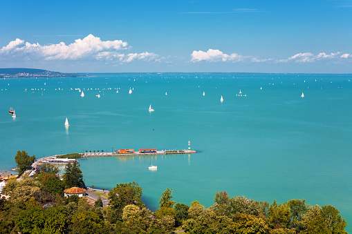 View of Lake Balaton with sailboats from Tihany village in Hungary