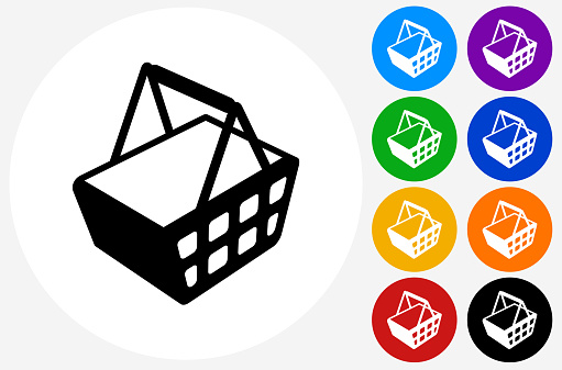 Shopping Basket Icon on Flat Color Circle Buttons. This 100% royalty free vector illustration features the main icon pictured in black inside a white circle. The alternative color options in blue, green, yellow, red, purple, indigo, orange and black are on the right of the icon and are arranged in two vertical columns.