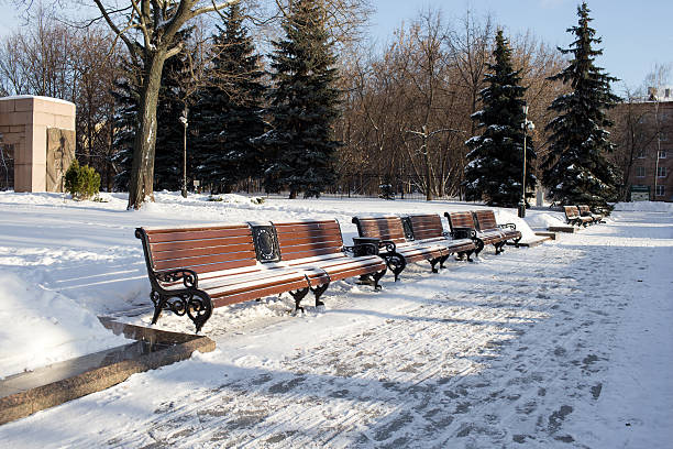 istock Snow-covered bench in city park at winter sunny day 628947568