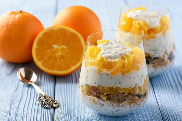 istock Yogurt dessert with muesli, chia seeds and oranges. 628947816