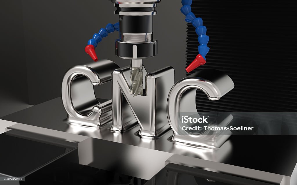 CNC machine Metalworking CNC milling machine. Cutting metal with CNC Text CNC Machine Stock Photo