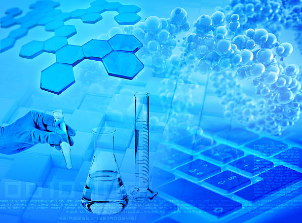 연구 및 분석 추상적 파란색 배경 - flask science biotechnology biochemistry 뉴스 사진 이미지