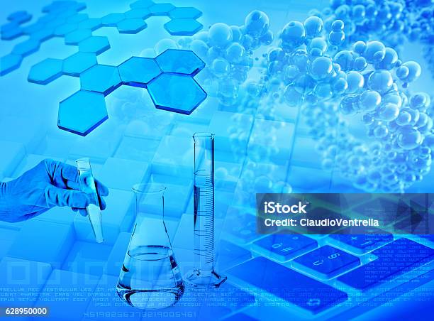 Research And Analysis Abstract Blue Background Stock Photo - Download Image Now - Chemistry, Organization, Science