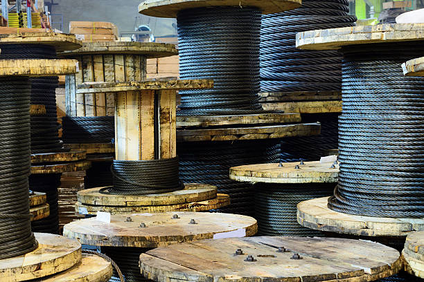 istock Large cable reels stocked in the factory premises. 628963126