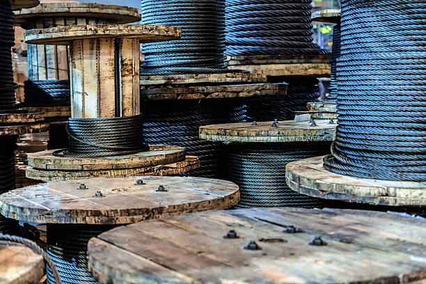 istock Large cable reels stocked in the factory premises. 628963170
