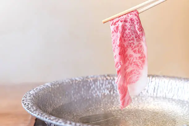 Beef Wagyu A5 Shabu shabu with steam, Groumet Japanese hot pot cuisine