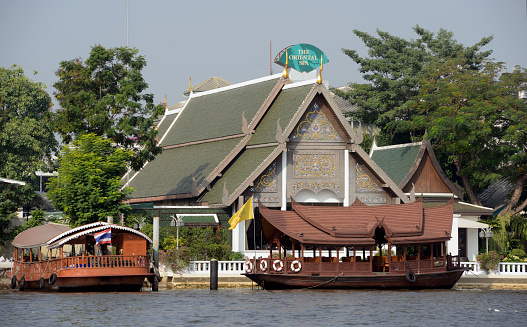 a traditional boat at the Mae Nam Chao Phraya River in the city of Bangkok in Thailand in Southeastasia.