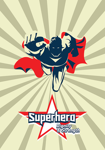 Flying superhero on camera. Comic book graphic. Vector illustration