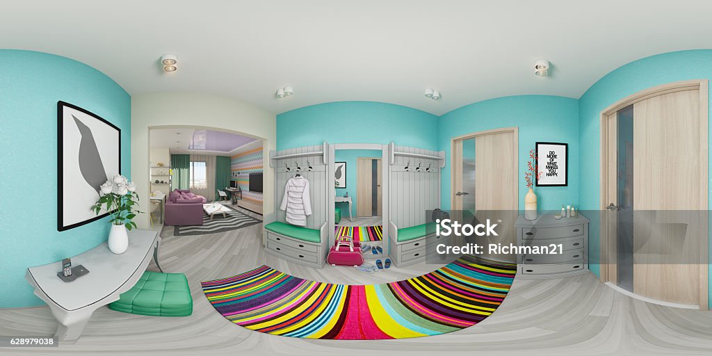 Illustration seamless panorama of living room 3d illustration spherical 360 degrees, seamless panorama of  living room and kitchen interior design. Modern studio apartment in the Scandinavian minimalist style 360-Degree View Stock Photo