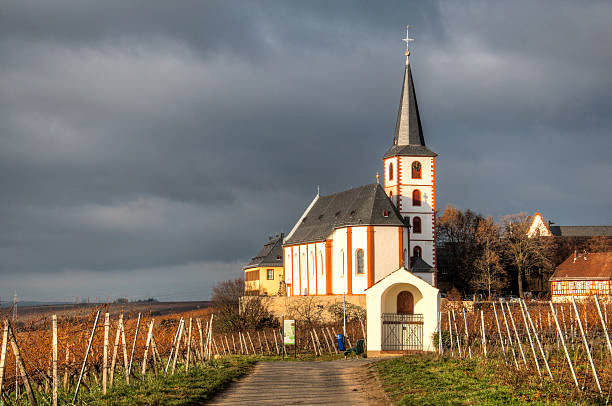 istock Vineyards with church in Hochheim, Germany 628984198