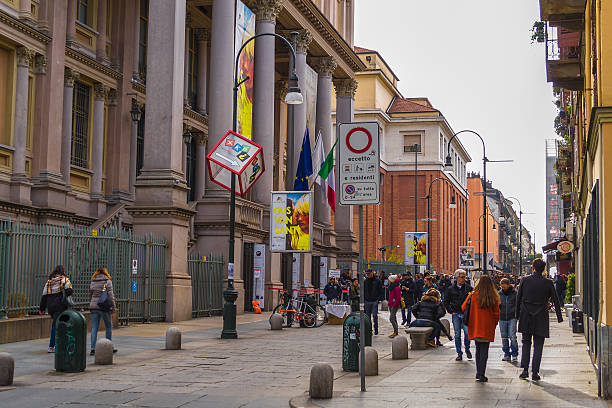 Street view under the Mole Antonelliana in Turin stock photo