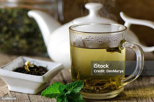 Glass Cup With Fresh Green Tea Stock Photo - Download Image Now - Green Tea, Cup, Leaf