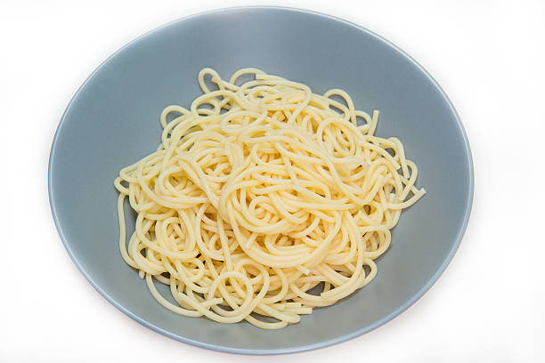 istock Spaghetti in  light blue bowl, isolated on white background 628993556