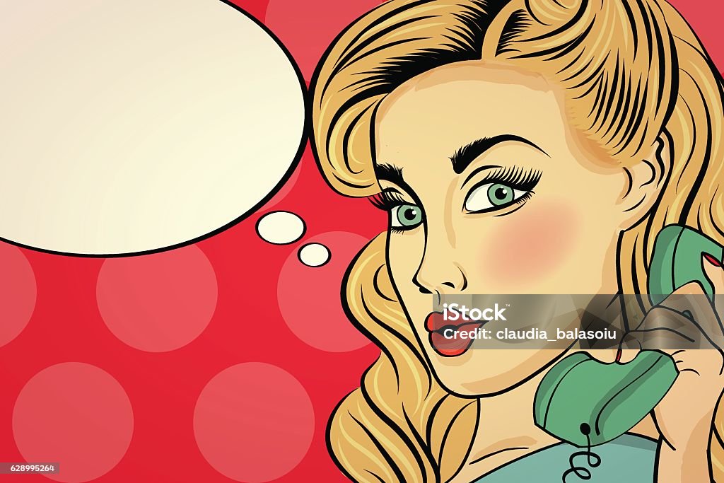 Surprised pop art woman  . Comic woman with speech bubble Surprised pop art woman chatting on retro phone . Comic woman with speech bubble. Pin up girl. Vector illustration. Adult stock vector