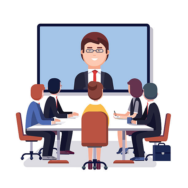 Corporation directors board at the conference call Corporation directors board at the conference call meeting with CEO at the video call projection screen. Modern colorful flat style vector illustration isolated on white background. man presenting white background stock illustrations
