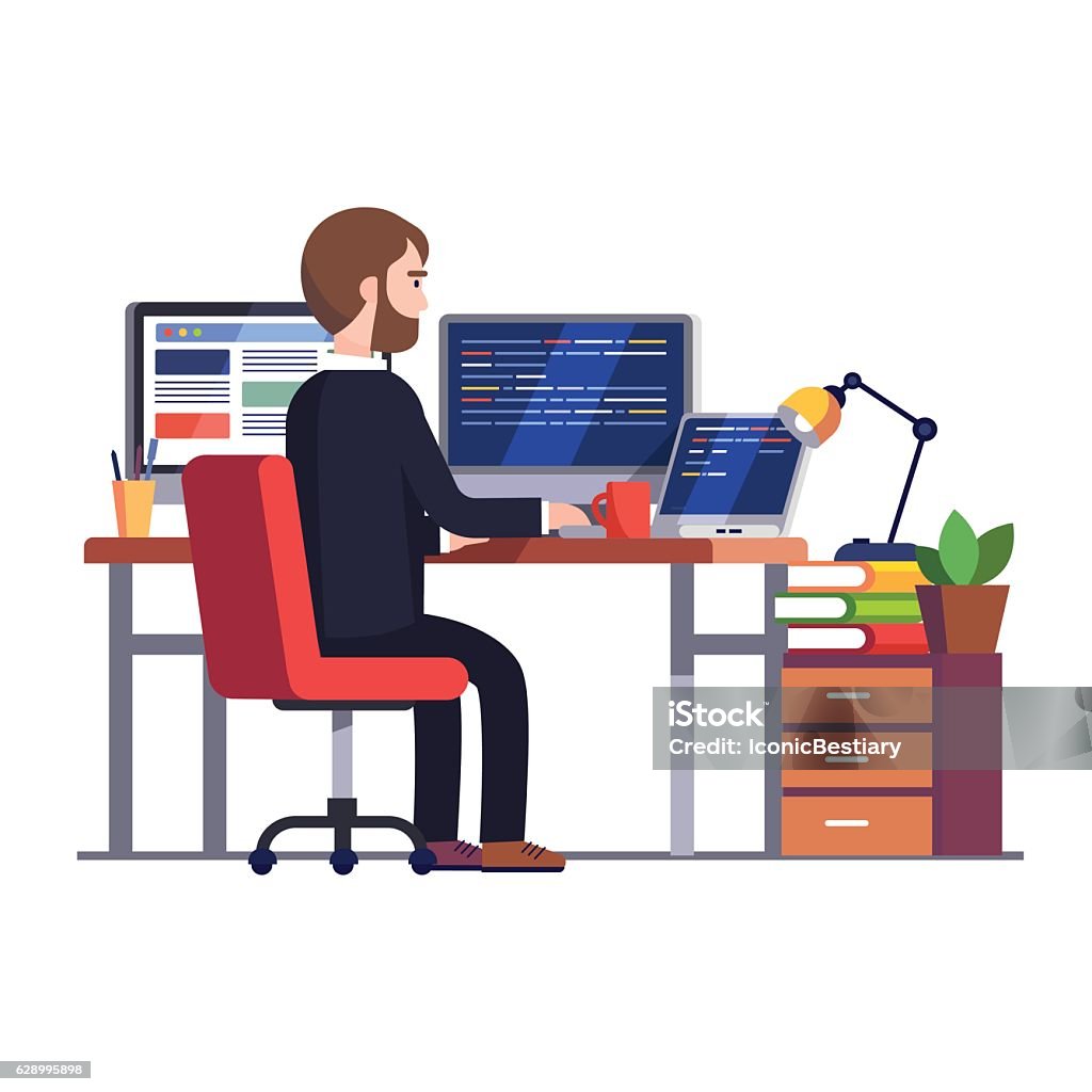 Professional programmer engineer writing code Professional programmer engineer working writing code at his big desk with multiple displays and laptop computer. Modern colorful flat style vector illustration isolated on white background. Computer Programmer stock vector