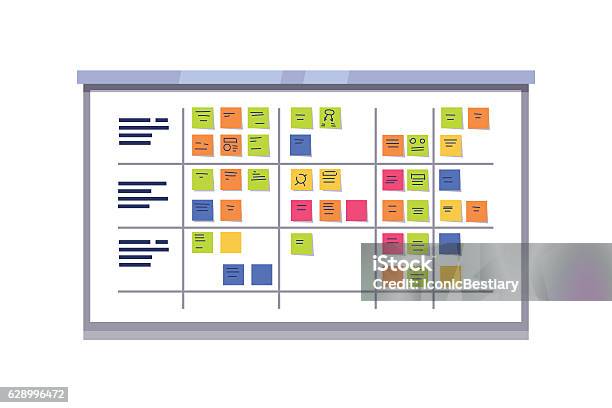 White Scrum Board Full Of Tasks On Sticky Cards Stock Illustration - Download Image Now - Whiteboard - Visual Aid, Planning, Cartoon