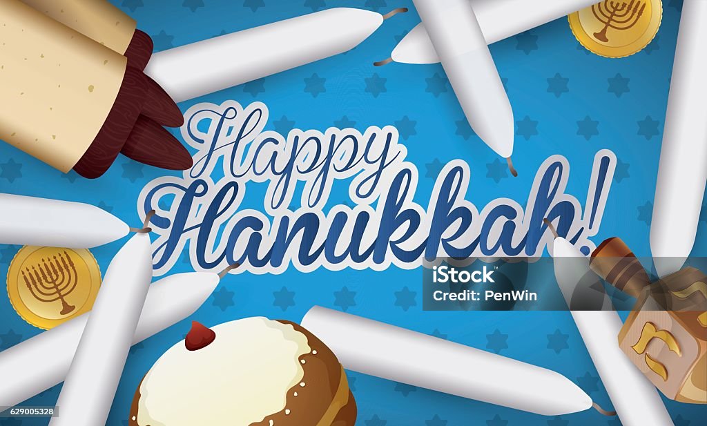 Traditional Hanukkah Candles, Scroll, Sufganiyot, Dreidel and Gelts Banner with traditional Hanukkah elements Bakery stock vector