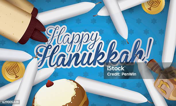 Traditional Hanukkah Candles Scroll Sufganiyot Dreidel And Gelts Stock Illustration - Download Image Now