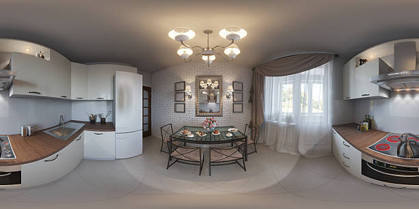 Illustration seamless panorama of kitchen interior stock photo