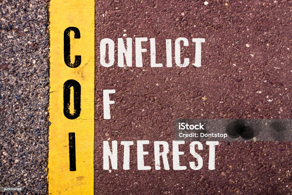 CONFLICT OF INTEREST  words concept CONFLICT OF INTEREST , words concept on Asphalt with Yellow Dividing Line. Conflict Stock Photo