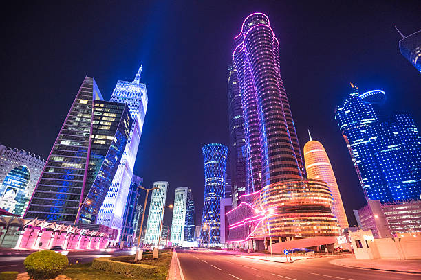 doha skyline of the downtown in qatar - qatar stok fotoğraflar ve resimler