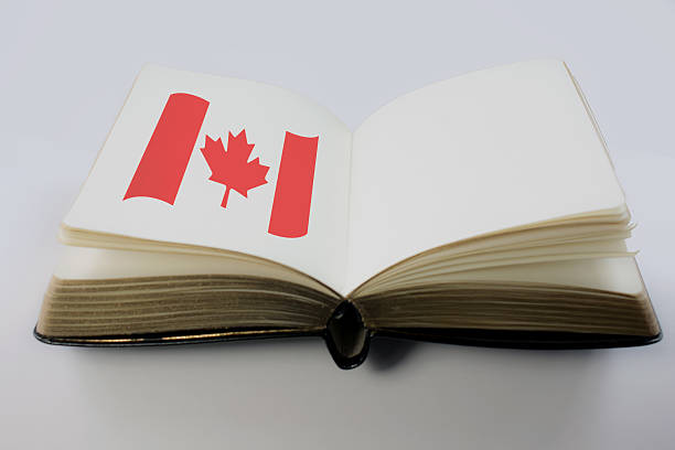 istock Open book with one page with Canadian flag, copy space 629007954