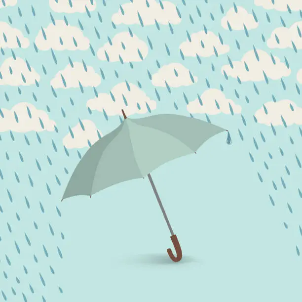 Vector illustration of Umbrella over rain cloudy sky background. Clouds and raindrop pattern