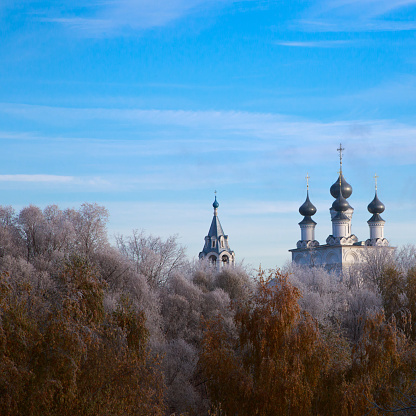 russian temple in the frost forest. Winter.