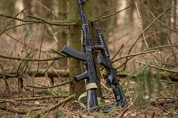 istock Kalashnikov rifle and Rifle M16, standing near the tree 629010156