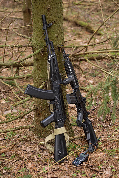 istock Kalashnikov rifle and Rifle M16, standing near the tree 629010204