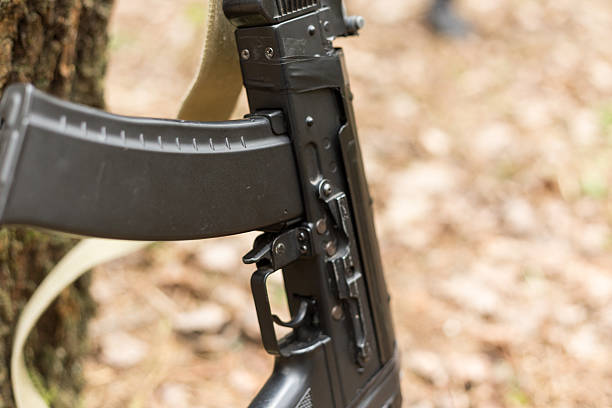 istock Kalashnikov rifle and Rifle M16, standing near the tree 629010216