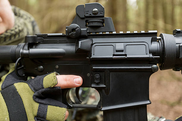 soldados en el bosque de coníferas con una pistola - gun weapon military m16 fotografías e imágenes de stock
