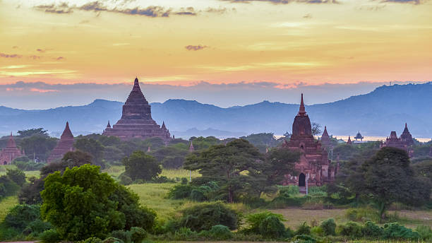 istock Myanmar Bagan historical site on magical sunset with beautiful sky 629011304