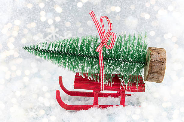istock Red sleigh carrying a small Christmas tree 629012438